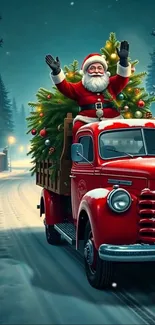 Santa on a red truck with Christmas tree in a snowy landscape.