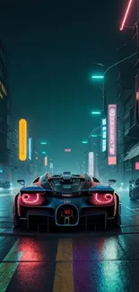 Futuristic car on neon-lit urban street at night.