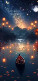 Peaceful night with lanterns, stars, and reflections on a serene lake.