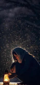 A person sits in snow holding a glowing lantern on a dark, snowy night.