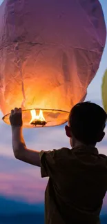 Silhouette of a child releasing a glowing lantern against a twilight sky.