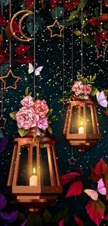 Glowing lanterns with flowers and butterflies against a starry night sky.