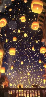 Floating lanterns against a deep blue starry sky.