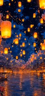 Glowing lanterns fill the night sky, reflecting on calm water.