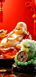 Laughing Buddha and jade dragon with red backdrop.