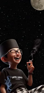 Animated character laughing under a starry sky with full moon.