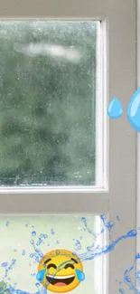 Laughing emoji with water splash and window view wallpaper.