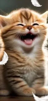 Adorable orange kitten laughing with floating feathers.