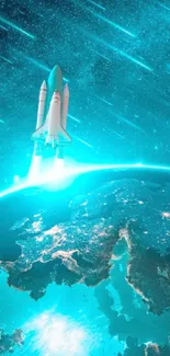 Rocket launching into a starry, cyan-lit sky above Earth.