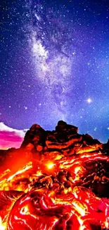 Lava under a vivid starry Milky Way sky.