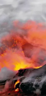 Fiery lava eruption amidst smoke and ash on mobile wallpaper.