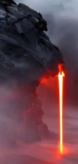 Molten lava flowing into the ocean, creating a vibrant and dramatic scene.