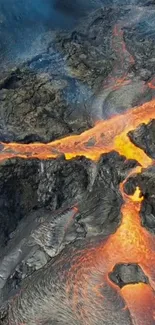 Vibrant lava flowing over rugged rocks with vivid orange tones.