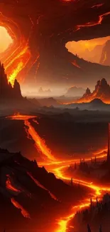 Lava flowing through a dramatic fiery landscape.