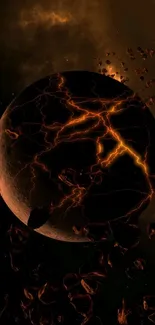 Lava planet with glowing cracks and cosmic backdrop on mobile wallpaper.