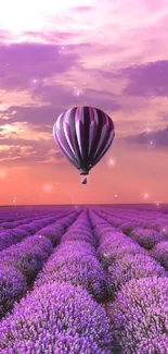 Hot air balloon over lavender fields at sunset.