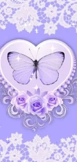 Lavender butterfly in heart with floral lace design.