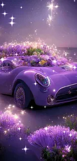 Futuristic purple car in glowing lavender field.