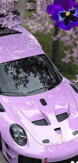 Lavender sports car with purple flowers in bloom.