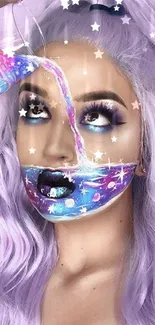 Woman with lavender hair and cosmic face art, pouring vibrant colors.