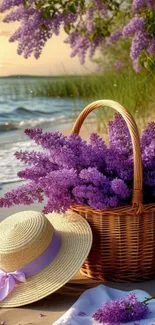 Beach scene with lavender flowers and a sunset backdrop.