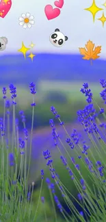 Lavender field with playful emoji overlay in a vibrant wallpaper.