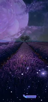 Lavender field with a glowing moon under a starry night sky.