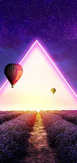 Neon triangle in lavender field with hot air balloons at night.