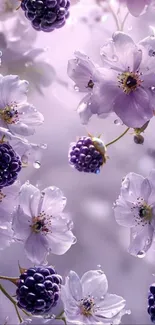 Purple flowers and berries on lavender background wallpaper.