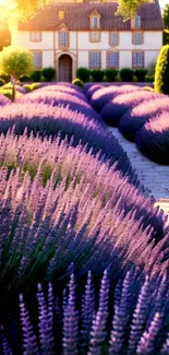 Lavender-filled garden with cottage and sunset.