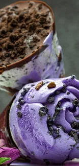 Lavender ice cream with chocolate toppings and floral accents.