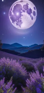 Purple full moon over lavender fields at night.