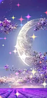 Lavender moonlit fantasy wallpaper with a crescent moon and floral landscape.