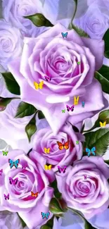 Lavender roses with green leaves on a serene background.