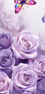 Lavender roses with vibrant butterflies on wallpaper
