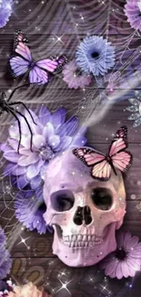 Lavender skull with butterflies and flowers.