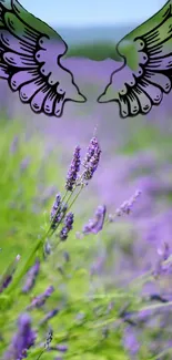 Lavender field with artistic wings design, serene and whimsical.