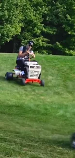 Exciting lawn mower race on green grass landscape.