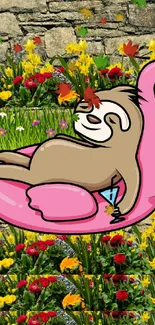 Sloth relaxing on a pink flamingo float with a flower backdrop.