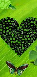 Green leaf with a heart and nature elements.