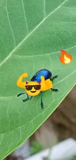 Cartoon bug flexing on a green leaf with fire emoji on phone wallpaper.