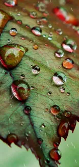 Close-up of a vibrant leaf with dew drops, perfect for nature wallpaper.