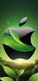 Green leafy Apple logo wallpaper with lush background.