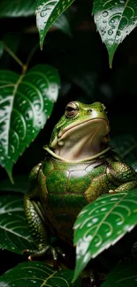 A green frog sits amidst lush jungle leaves.