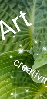 Bright green leaves with art and creativity text.