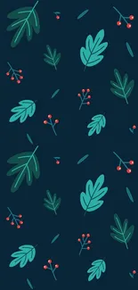 Dark blue wallpaper with teal leaves and red berries pattern.