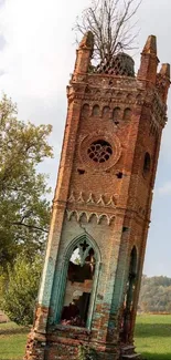 Leaning brick tower in green meadow with trees.