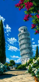 Artistic view of the Leaning Tower of Pisa with vibrant flowers.