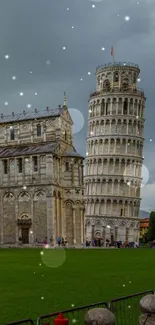 Leaning Tower of Pisa with cloudy sky.