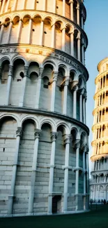 Leaning towers bathed in sunset light against a blue sky.